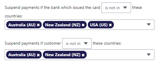 An image of two lists country-based lists in Fraud Guard settings.