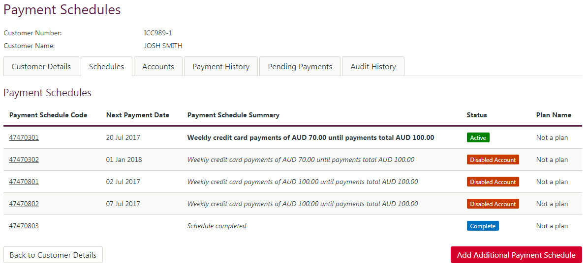 Customer Payment Schedule List Page