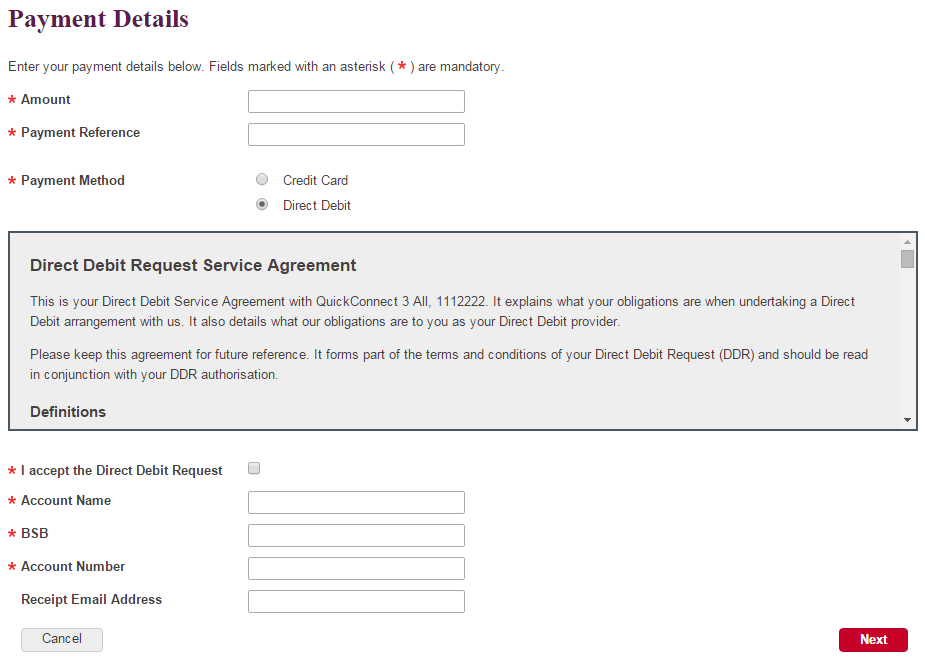 QuickWeb Payment Details page with bank accounts