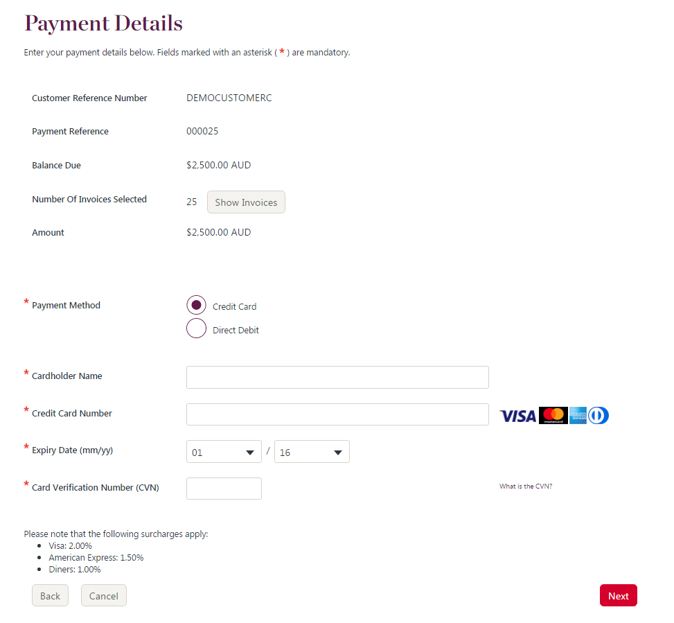 Enter banking details page.