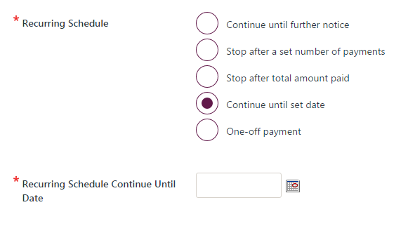 Enter schedule details for "Stop after a set number of payments type".